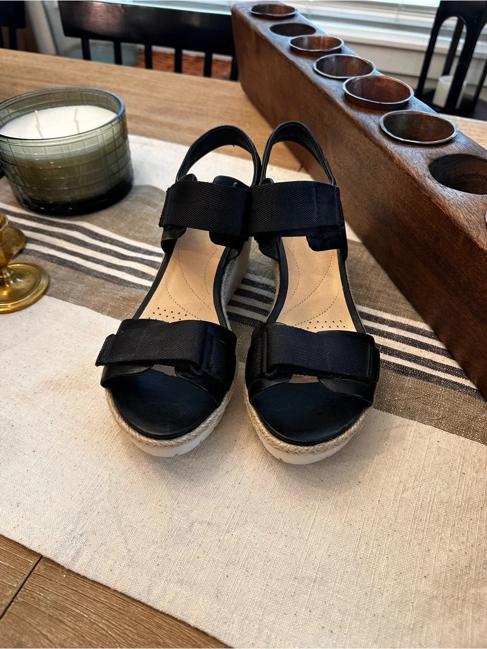 Clarks Black Wedge Sandals with White Platform